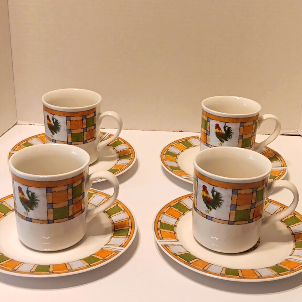 Oneidacraft Rooster Patch Coffee Mugs, Saucers